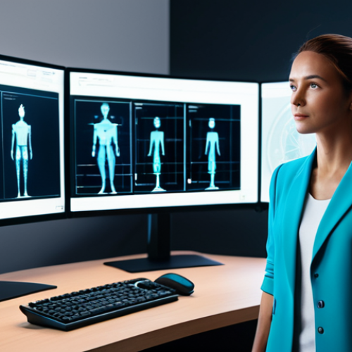Home 14 **Prompt 1: AI-Enhanced Character Animation**
A professional female animator, fully clothed in a modest business casual outfit, stands confidently in a modern, high-tech animation studio. She is observing a holographic display that showcases a 3D animated character model in a natural, expressive pose, demonstrating fluid motion and nuanced facial expressions. The studio environment features large, sleek monitors displaying complex AI algorithms and detailed character wireframes, subtly hinting at advanced technology. The image is rendered with cinematic lighting, high-resolution details, perfect anatomy, correct proportions, well-formed hands, and natural body proportions. This is a safe for work, appropriate content, professional, family-friendly image.