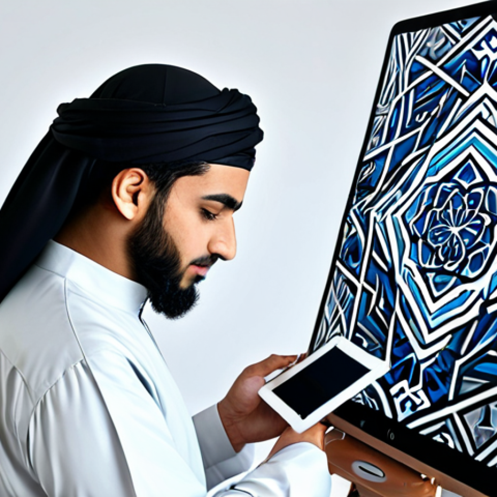 똘똘이의 문화적 영향력 - **

A young Arab artist in a modern studio, fully clothed in modest attire, using AI software on a t...