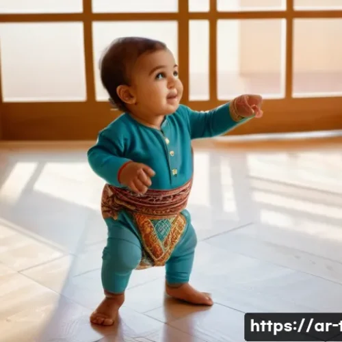 Home 33 똘똘이의 성장 이야기 - A joyful Middle Eastern toddler wearing a colorful diaper, taking their first independent steps in a...