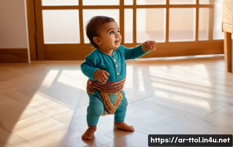 똘똘이의 성장 이야기 - A joyful Middle Eastern toddler wearing a colorful diaper, taking their first independent steps in a...