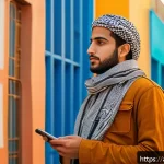 Home 19 똘똘이의 사회적 메시지 - A thoughtful young Arab man wearing modern casual clothes and traditional keffiyeh scarf, standing i...