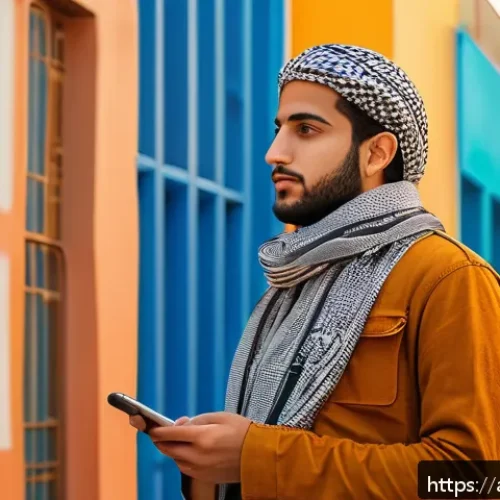 Home 31 똘똘이의 사회적 메시지 - A thoughtful young Arab man wearing modern casual clothes and traditional keffiyeh scarf, standing i...