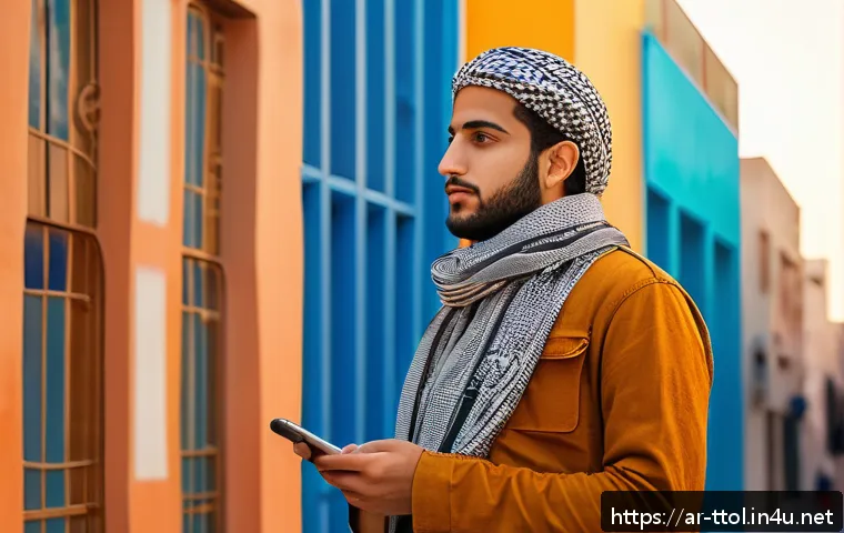똘똘이의 사회적 메시지 - A thoughtful young Arab man wearing modern casual clothes and traditional keffiyeh scarf, standing i...