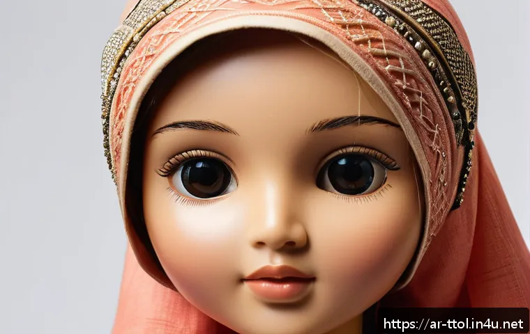 똘똘이 인형 제작 공정 - A detailed close-up of a handcrafted Totloli doll prototype, showcasing the soft natural cotton fabr...