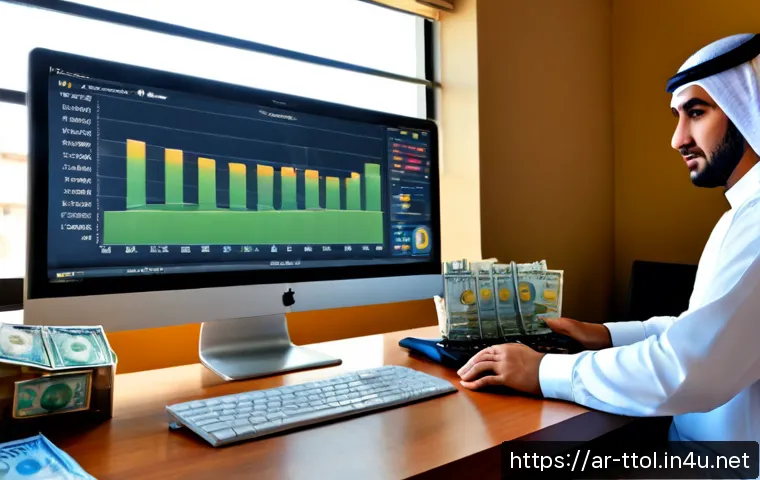 똘똘이 애니메이션 수익 분석 - Photorealistic Arab content creator in a modern home office analyzing animation revenue, laptop and ...